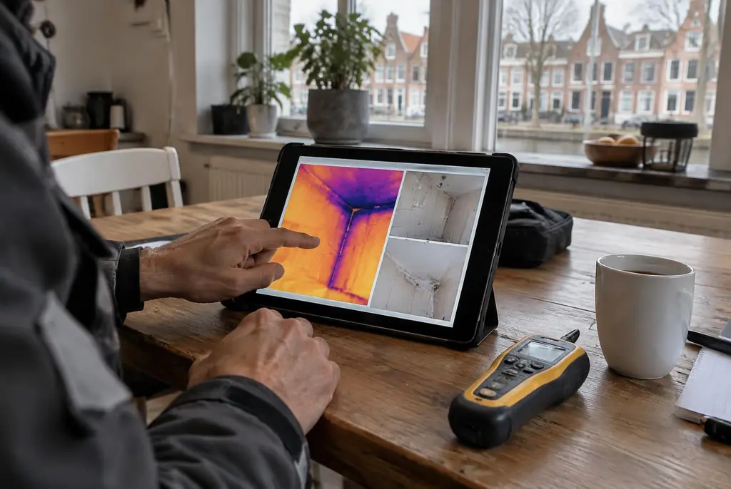 Lekdetectie Bergschenhoek – lekdetectierapport met warmtebeelden en foto's op een tablet