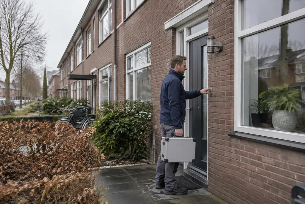 Lekdetectiespecialist met meetkoffer bij de voordeur van een woning in Bergschenhoek